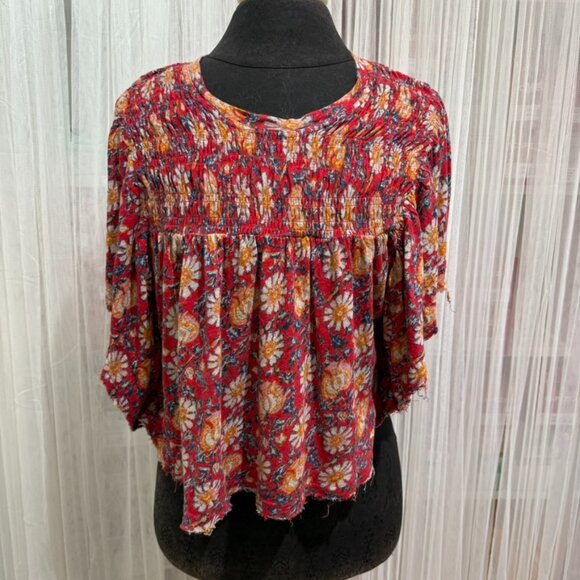 Free People Red Floral Smocked Boho Peasant Top Blouse Women’s Size Small - Picture 1 of 11